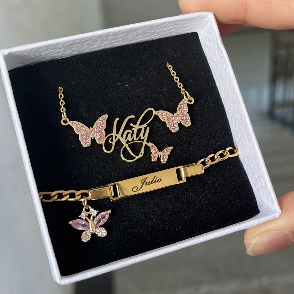 Engraved Name Necklace - DUOYING-Collier personnalisé avec papillon rose, pierre